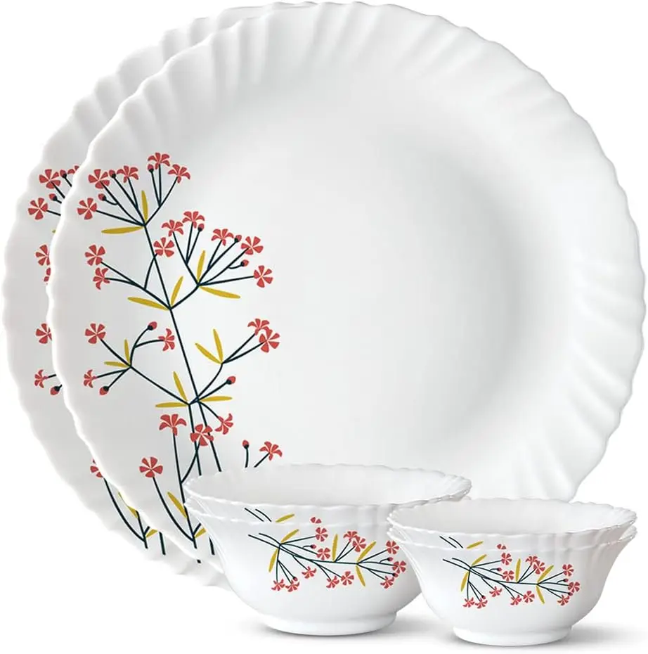 

Red Bud Silk Series Opalware Floral Dinner Set | 6 Pieces for Family of 2 | Microwave & Dishwasher Safe | Bone-Ash Free | Cr