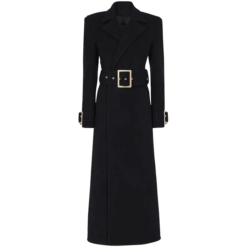 Autumn Winter High Quality Woolen Blends Lady Notched Solid Winter Slim Fitted Long Coats With Belt for Women