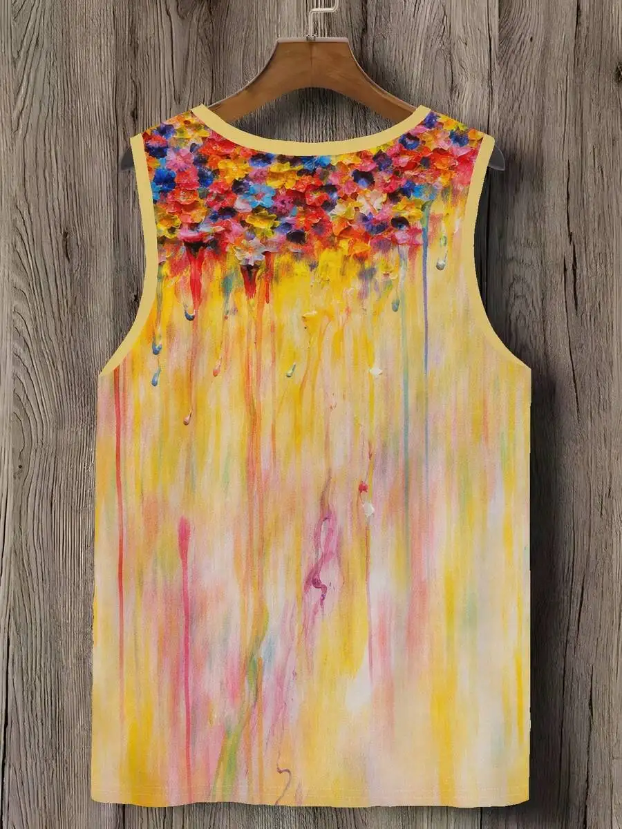 

Mens Sleeveless Vest With Abstract Floral Dripping Paint Print, Polyester, Lightweight Breathable