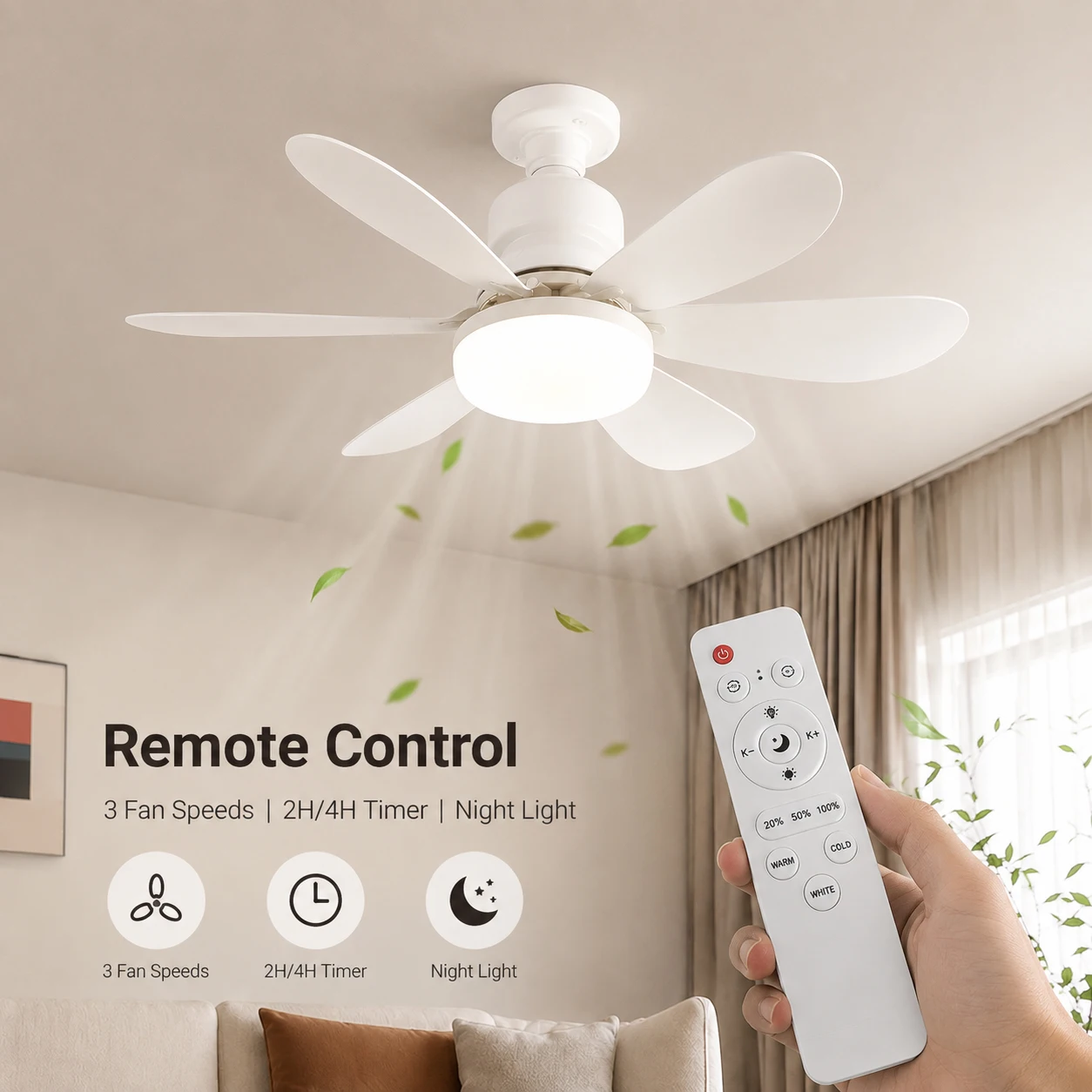PC+ABS 48W 6-Blade E26/E27 Socket LED Ceiling Fan Light with Remote Control, 3 Speeds, Stepless Dimming, 2/4H Timer