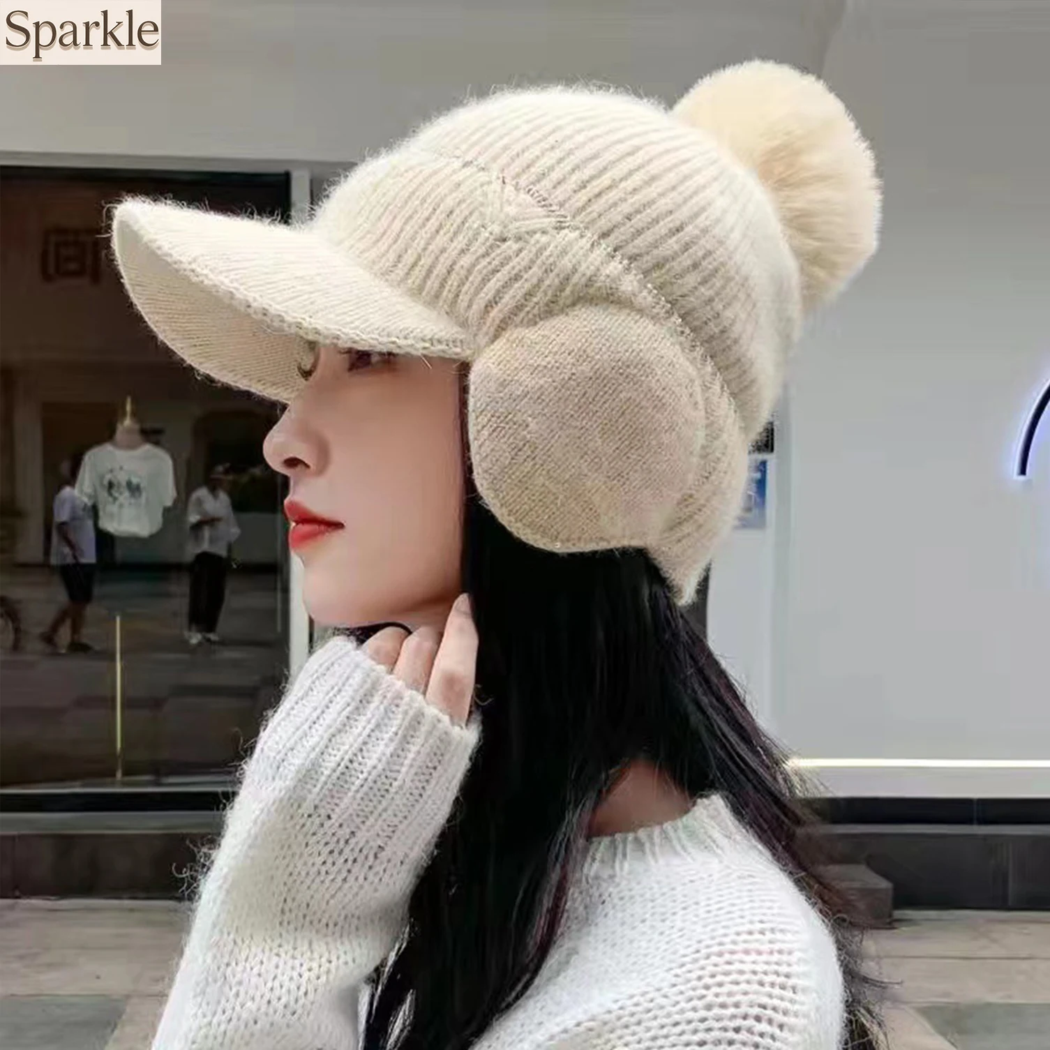 Women's Winter Knit Beanie Hat with Faux Fur Pom-Pom Warm Ear Flap Cap Fashion Sparkle Design Cold Weather Headwear