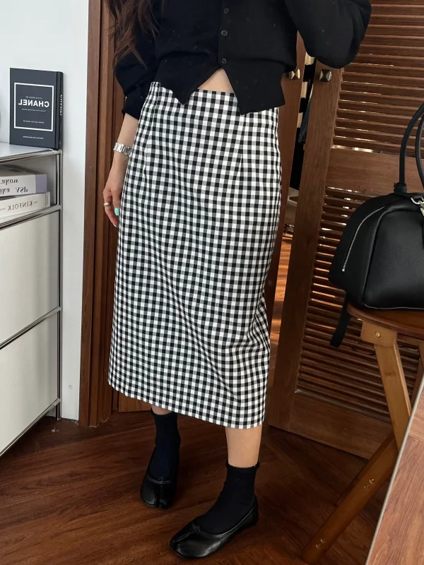 

Ретро-юбка А-силуэта в клетку с высокой талией на молнии, модная, прямого кроя, из хлопка, для женщин, весенняя коллекция