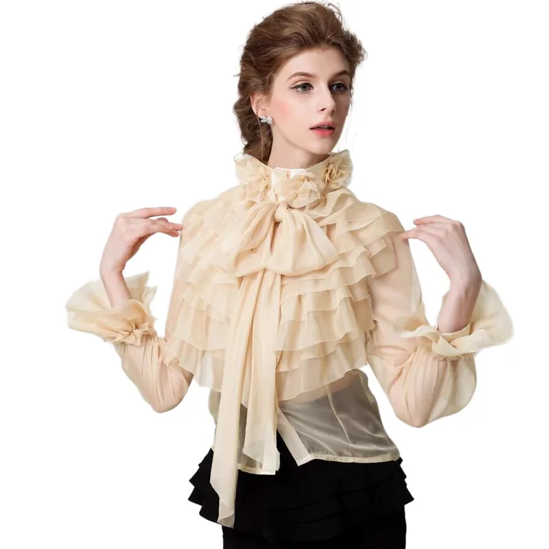 # 2812 Summer Sexy Office Lady High Neck Chiffon See Through Blouse Women Black/Beige Shirt Blouse Flare Sleeve Runway Tops