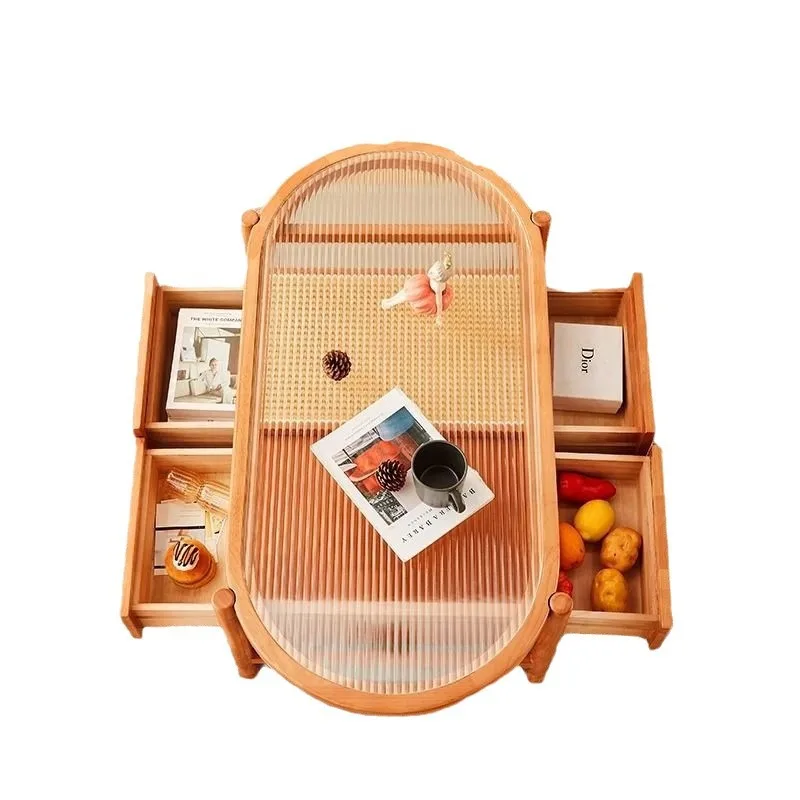 

Coffee table living room household small apartment oval Changhong glass rattan simple style Japanese dual-purpose bed and breakf