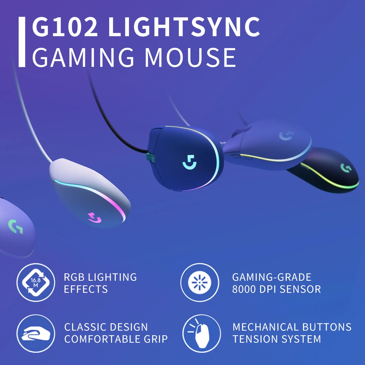 لوجيتك G102 ماوس ألعاب سلكي RGB إضاءة 6 أزرار قابلة للبرمجة 8000 ديسيبل متوحد الخواص قابل للتعديل مريح مناسب لأجهزة الكمبيوتر المحمول المكتبية