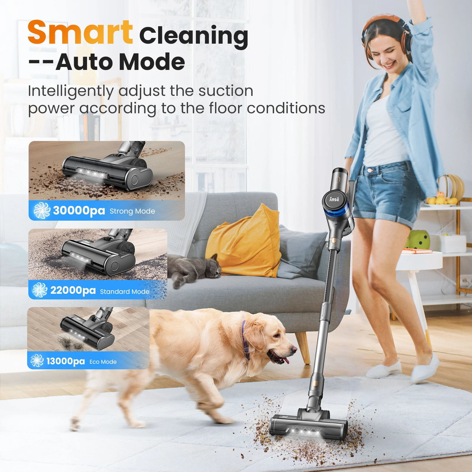 INSE S9 Cordless Vacuum Cleaner, 30Kpa Stick Vacuum with LED Display, 55min Runtime, 4 Suction Modes, Smart Adjustment