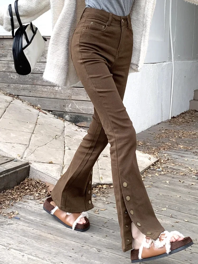 

Solid Flare Jeans Women Autumn Korean Fashion Side-slit Single Breasted Designed Temperament Casual All-match Retro Slimming