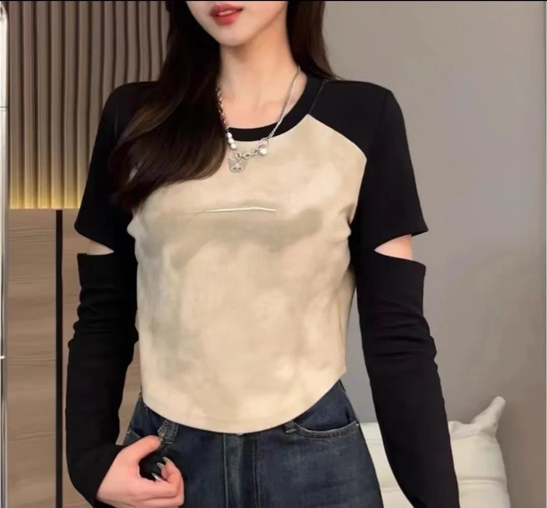 Spring Autumn Short Sleeve Women's Base Shirt Strap Pants High Waist Cotton T-Shirt Fashionable Belly Bared Casual Top
