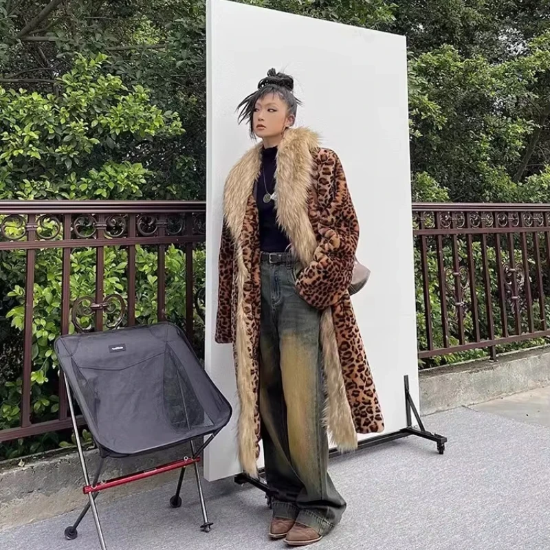 Leopard Long Faux Fur Coat for Women Warm Thick Autumn Winter Jacket Large Size Overcoat with Turn down Collar Maxi Outerwear