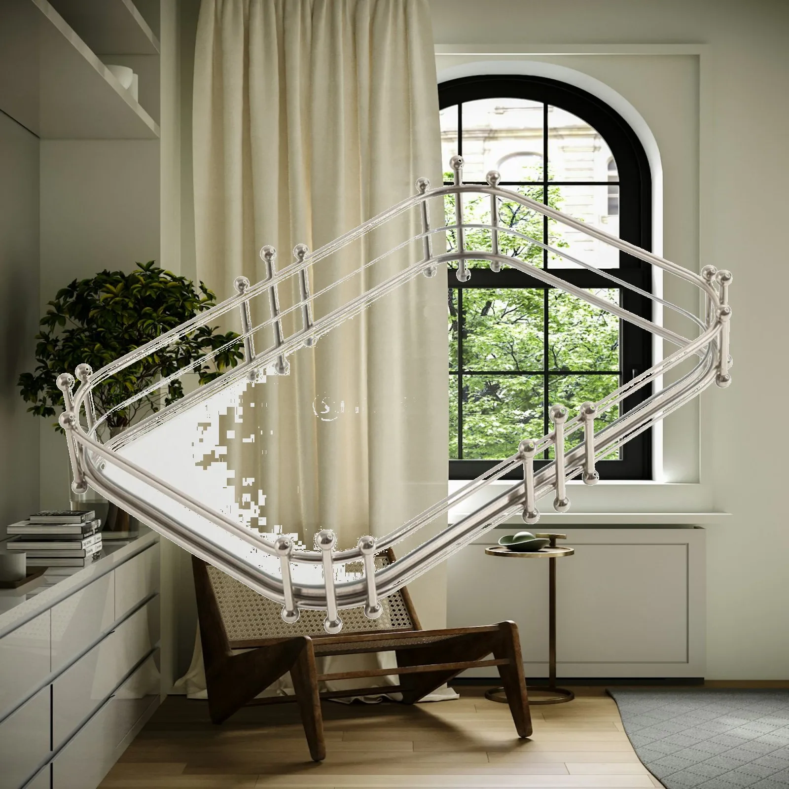 Vanity Mirror Tray for Jewelry Cosmetics Display Elegant Silver Decor Wrought Iron Frame with Small Bead Finials