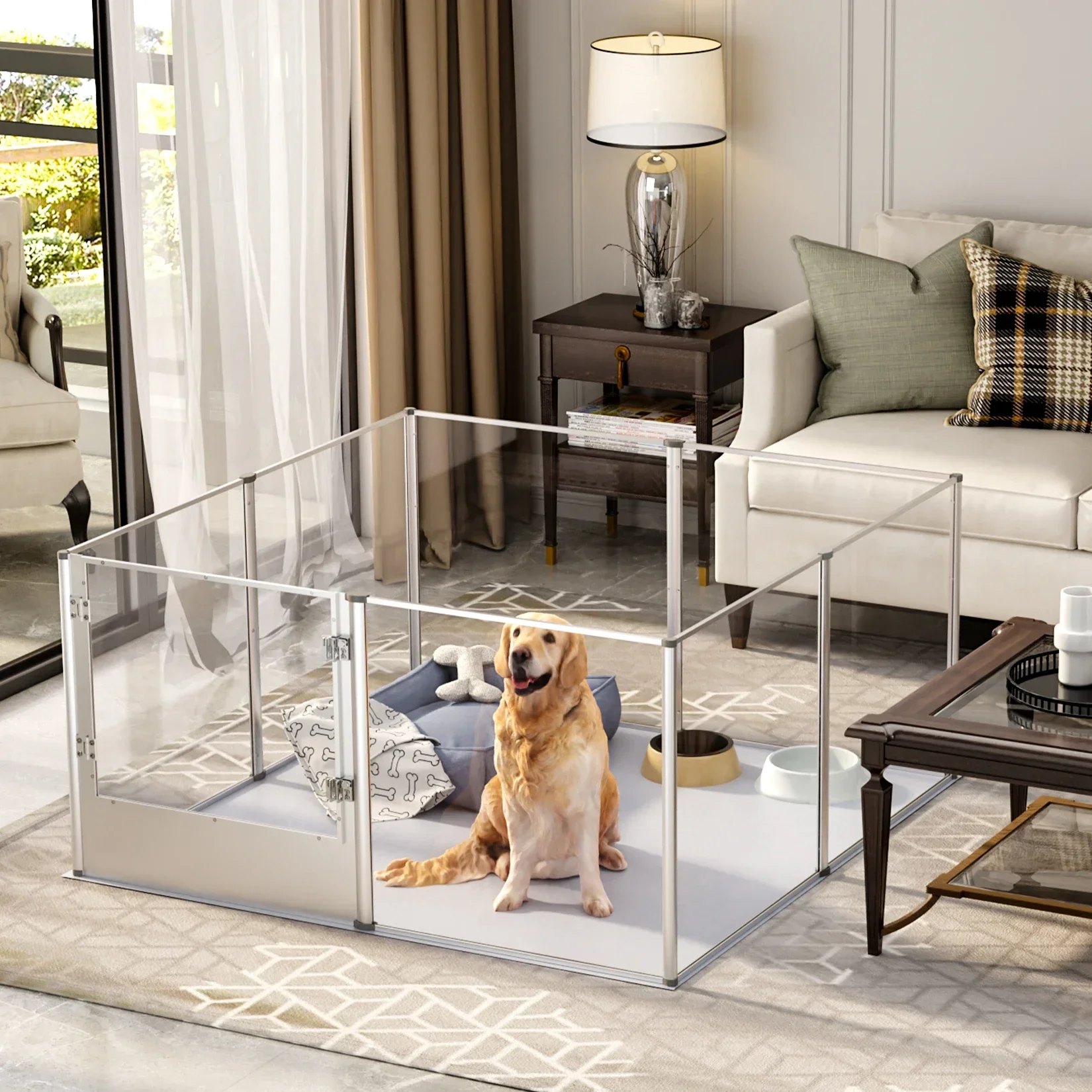 

%a 8 Panels Dog Playpen Fence for Indoor 52 in Heavy Duty Clear Acrylic Whelping Box Kennels with Waterproof Pad and Steel Loc