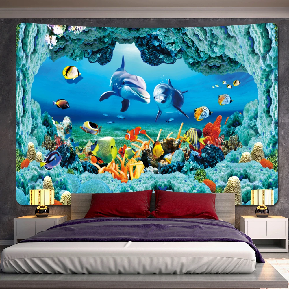 

3D Underwater World Dolphin Psychedelic Scene Home Decoration Tapestry Hippie Bohemian Wall Hanging Sheets