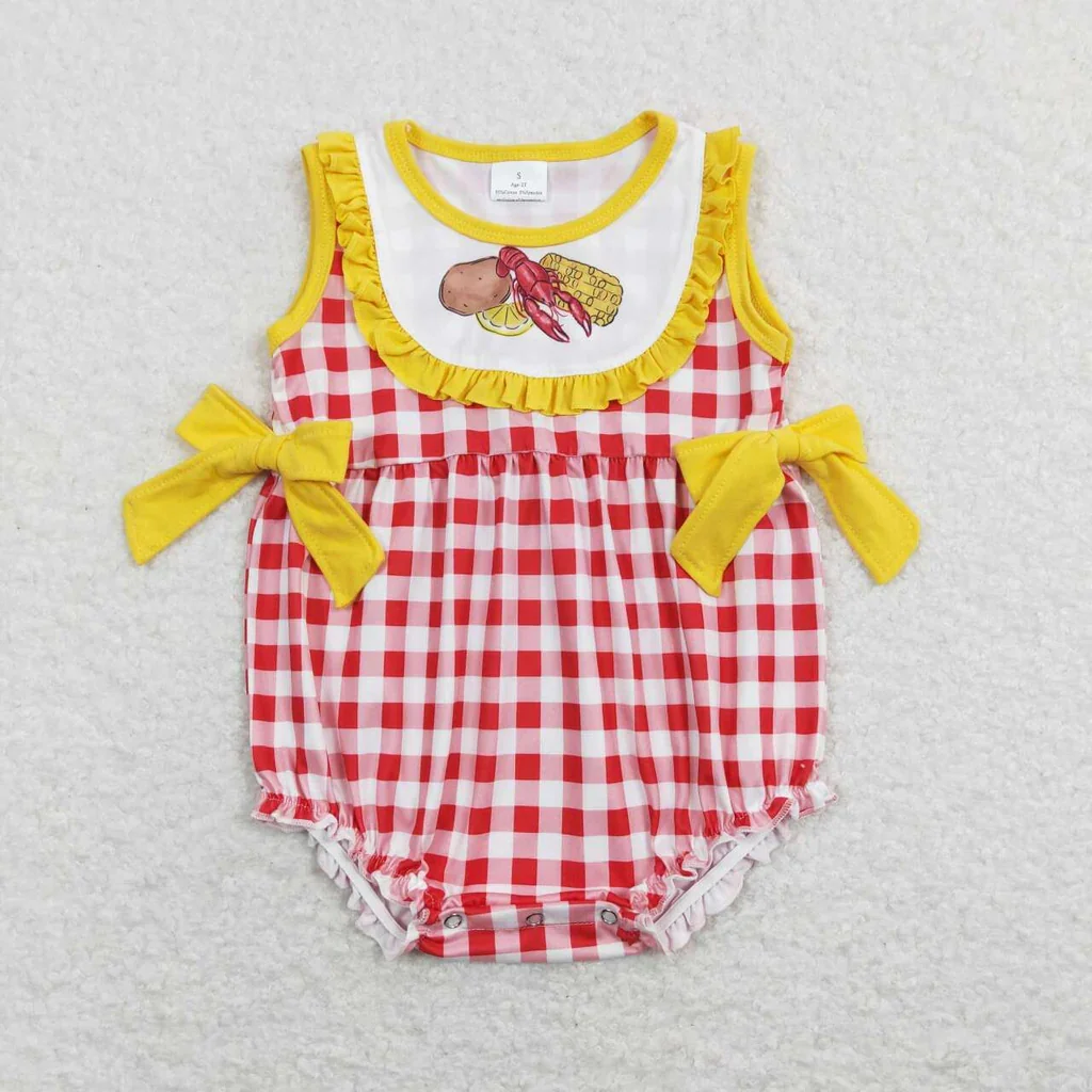 

SR0769 Crawfish Potatoes Corn Yellow Baby Girl Romper