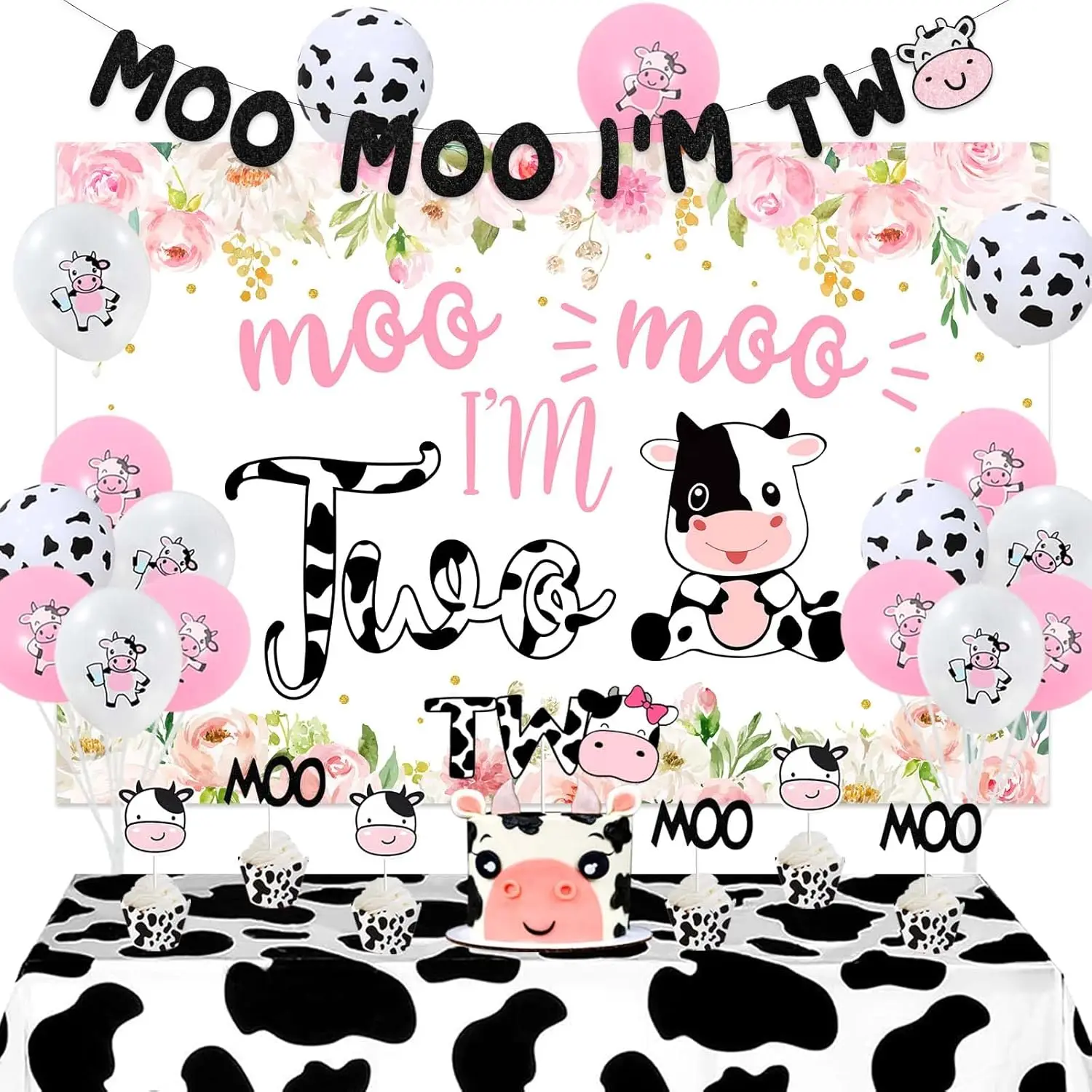 joymemo Cow 2nd Birthday Decorations for Girl Moo Moo I’m Two Backdrop Banner Cow Balloon Pink Farm Animal Second Party Decor