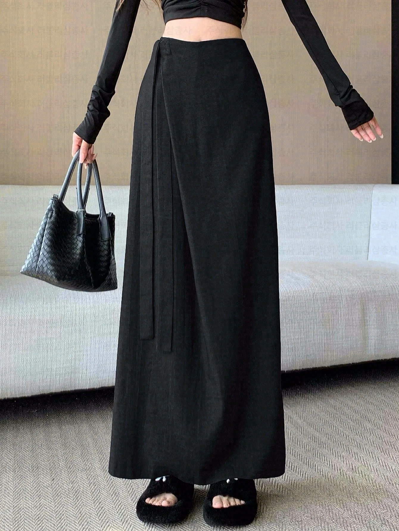 Women's Midi Skirt with Side Tie, A-Line, Tailored, Autumn/Winter, Office Wear, Korean Style, Elegant.