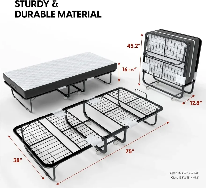 EconoHome Folding Bed with Mattress - 75x38 Twin Size Frame - Portable Rollaway Guest Bed with 5-inch Memory Foam Mattress