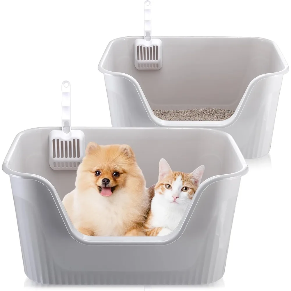 

2 Pcs Large Cat Litter Box with High Sides, 25 x 18 x 13'' Extra Large Cat Litter Box with Scoop Indoor Open Top Low Entry