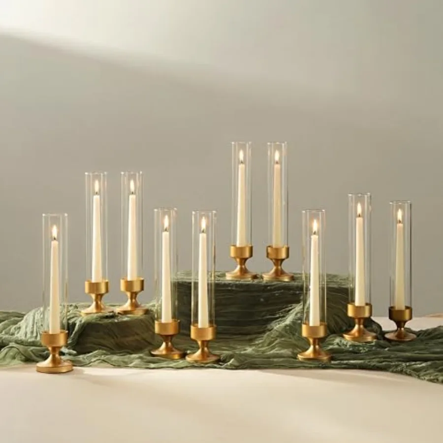 

Hurricane Glass Candle Holder: Set of 10 Metal Taper Candle Holders with Sleeves - Gold Candlestick Holders Bulk for Outdoor Pa
