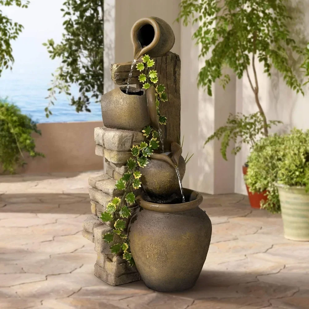 

Cascading Rustic Outdoor Floor Three Jugs Fountain and Waterfalls 33" High Decor for Garden Patio Backyard Deck Home