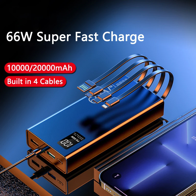 

20000mAh Power Bank 66W Super Fast Charging Powerbank for iPhone 16 15 Samsung Xiaomi Portable Charger with Cable Spare Battery