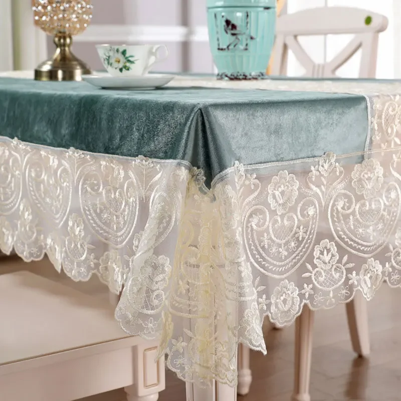 EIFLOY-Velvet Table Cover, Elegant Dining Tablecloths, Rectangular Embroidery Lace Table Cloth, Birthday Wedding Party Decor