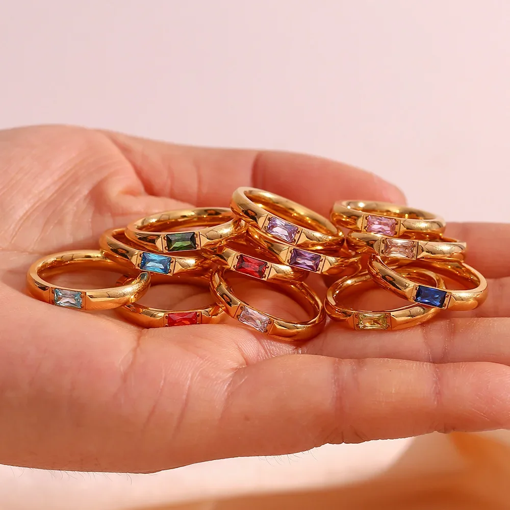 Anel de zircão quadrado multicolorido de luxo para mulheres banhado a ouro  aço inoxidável círculo redondo anel de dedo joias de casamento / Joias  fashion, image size:1000x1000