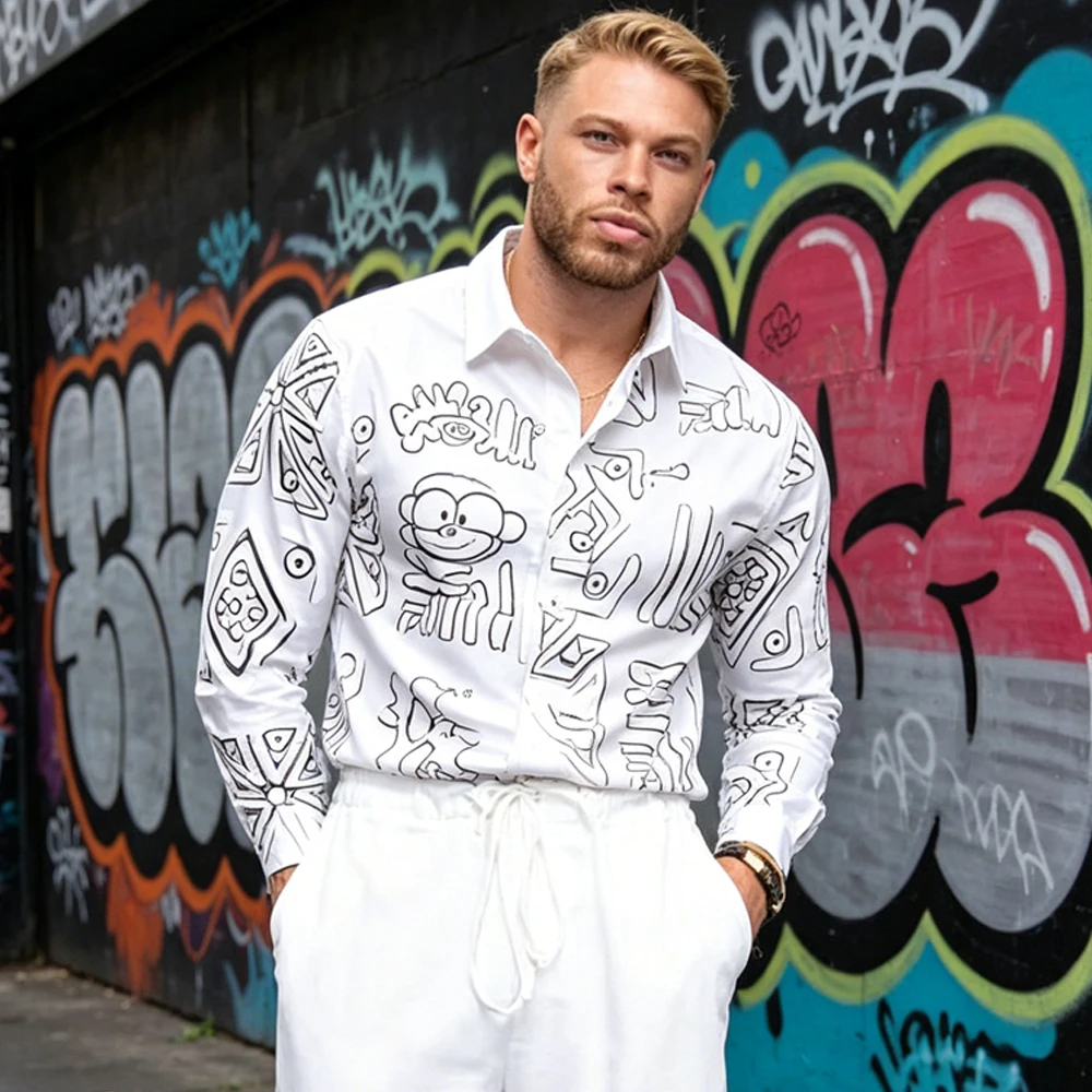 

Men's Summer Simple Art Long Sleeve Shirt Natural Geometric Pattern Printed Shirt Business Casual Party Top Men's Fast Shipping