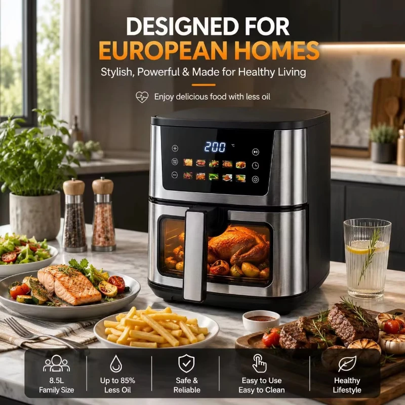 Home Using 8.5L Air Fryer 2400W 4 Heating Elements 25% Faster  Certified Smart Air Fryer Visible Window view 3