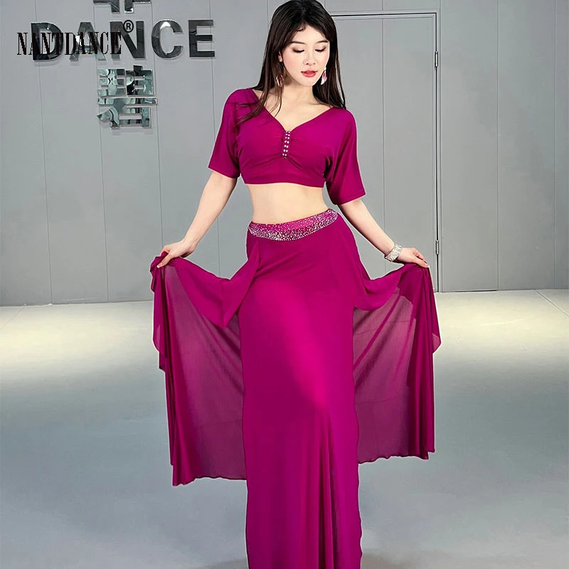 Belly Dance ชุดสลิงด้านบนปิดไหล่แขนแยกกระโปรงฝึกเสื้อผ้าผู้ใหญ่ Oriental ผู้หญิงเต้นรําเสื้อผ้า