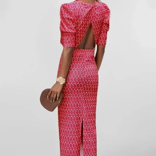 Imagen 2 del producto Conjunto de Top y vestido con mangas abullonadas y estampado geométrico elegante, conjunto de 2 piezas de tela de noche sin espalda con temperamento y cuello redondo, trajes de falda con abertura a la moda de verano