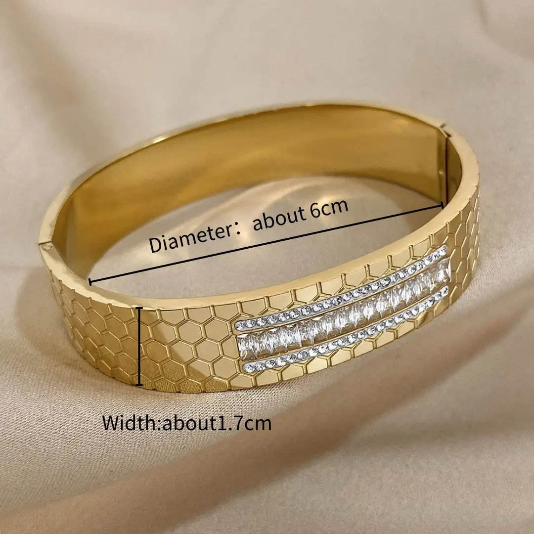 Stainless Steel Hexagonal Grid Bangles Bracelets for Women Waterproof Cuff Braceletwith Rhinestones Zircon Wristband Jewelry