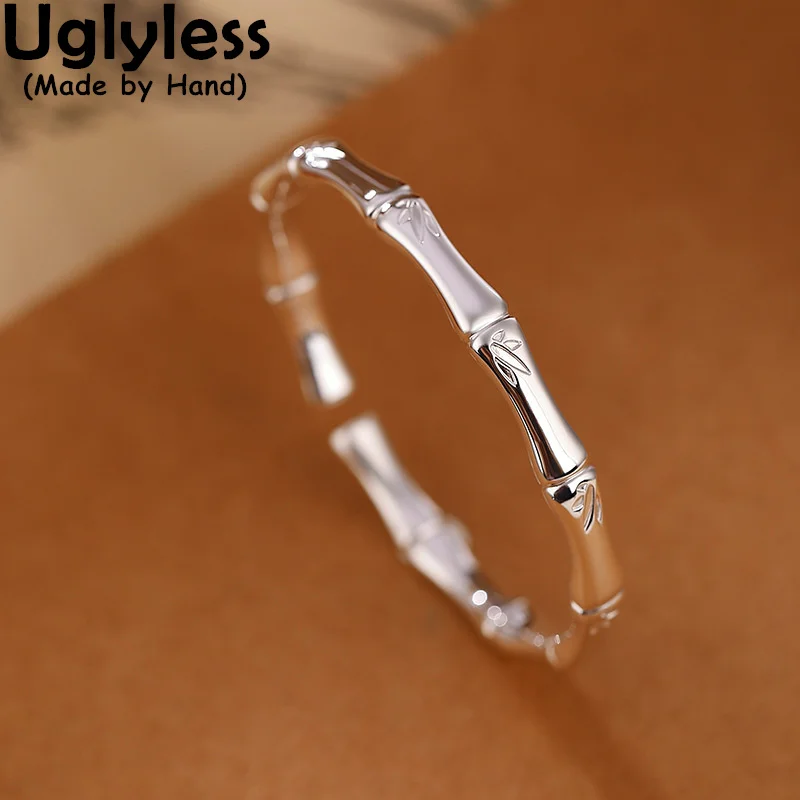 

Uglyless 100% Real Solid 999 Fine Silver Panda's Favorite Bamboo Bangles for Women Bamboo Leaves Open Bangle Double-Sided Carved