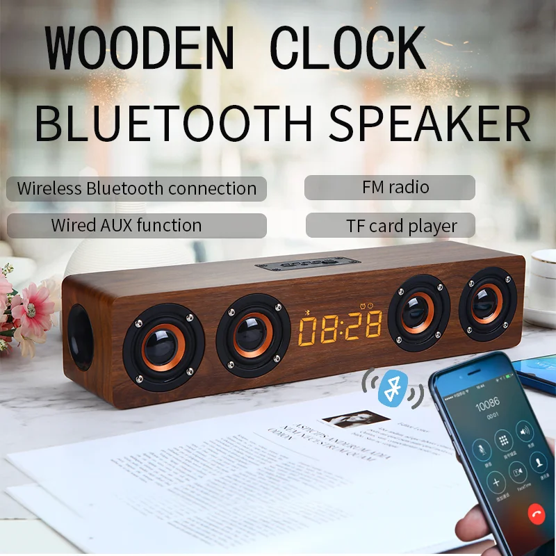 Wooden Bluetooth Speaker Alarm Clock Multi-function Wireless Subwoofer TV Soundbar Home Theater Column for Computer Speakers FM