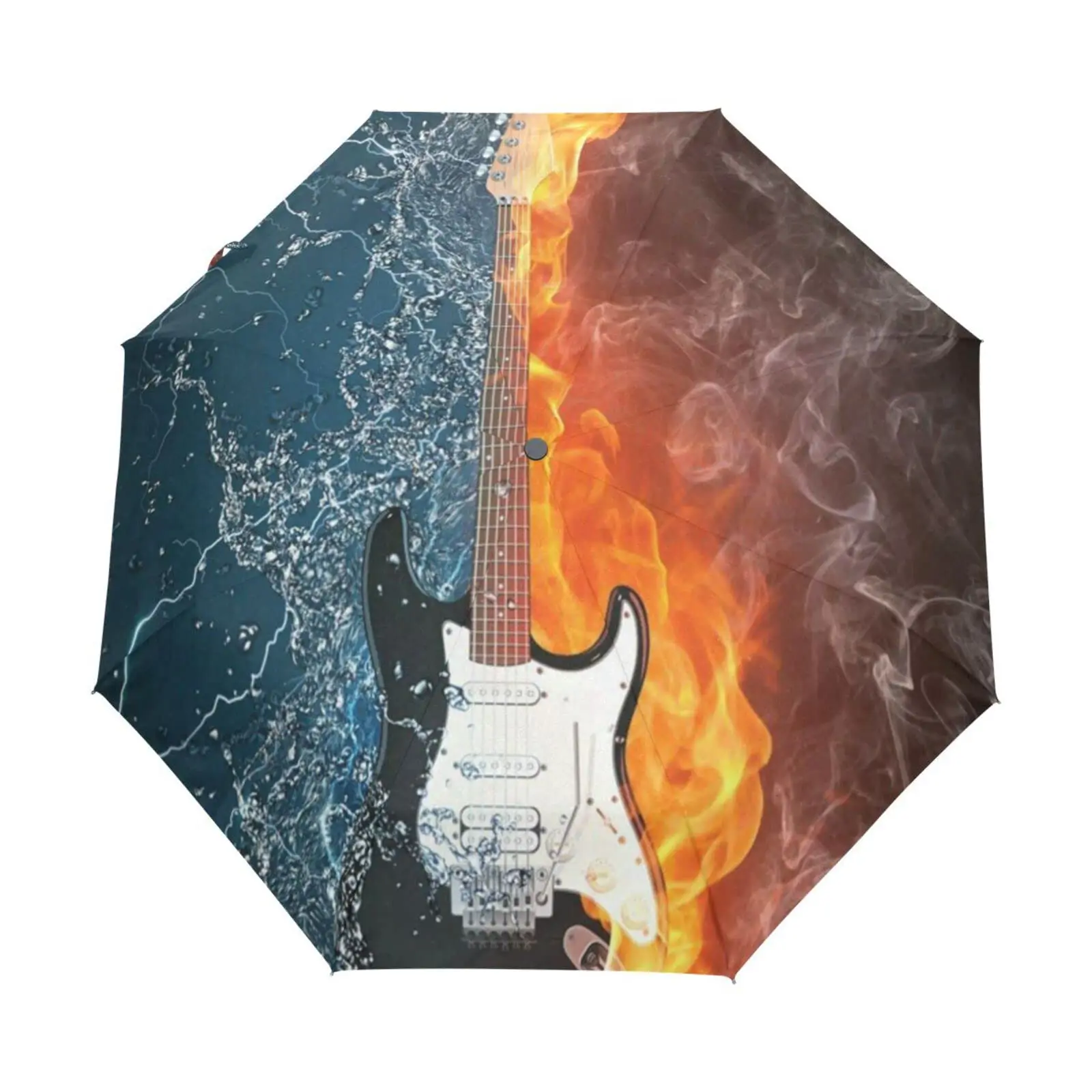 Guitar Music Folding Umbrella Fire and Water Musical Instrument Compact Windproof Travel Umbrellas Rain for Adults Teens Kids