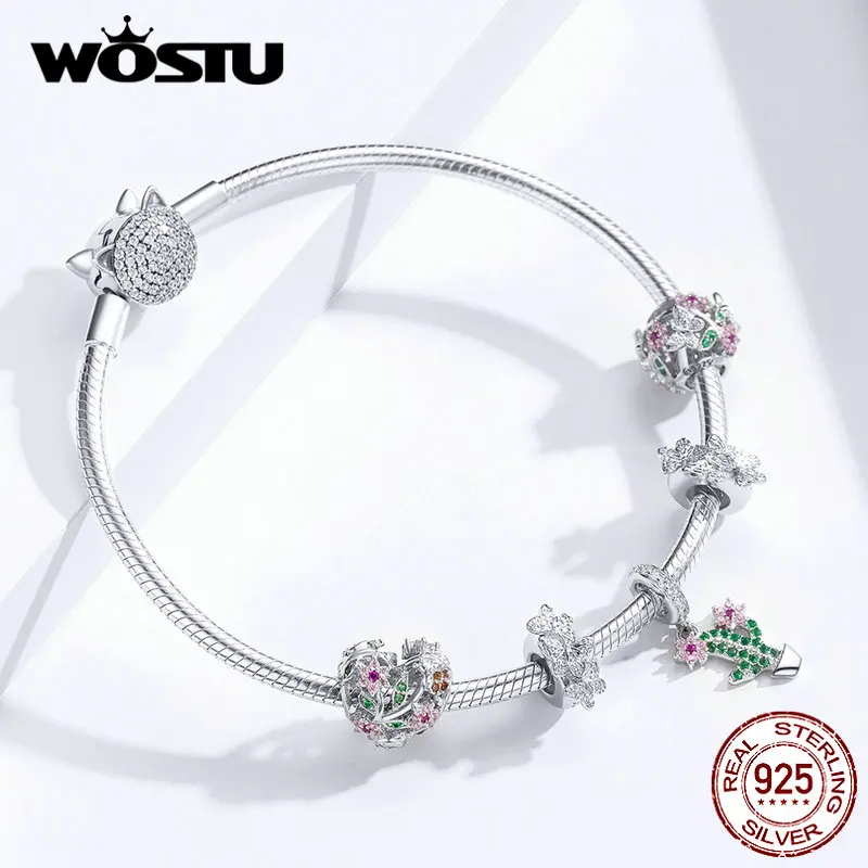 WOSTU 925 Sterling Silver Flower Bird Charms Pendant Hollow Heart Beads Fit Original Bracelet DIY Necklace WOmen Jewelry Making