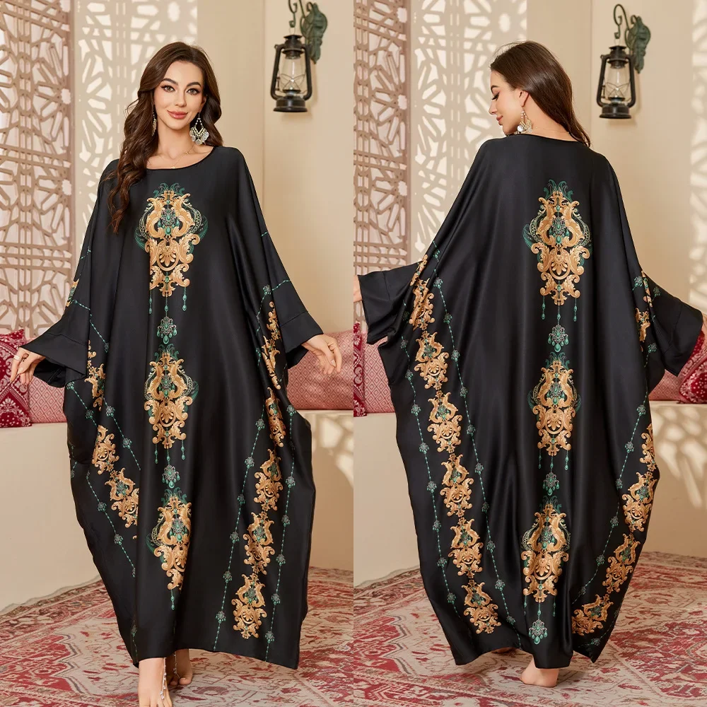 

2025 New Abaya African Dubai Robe Female Luxury Flower Print Dress Big Size Nightgown Satin Home Clothes Soft Loungewear
