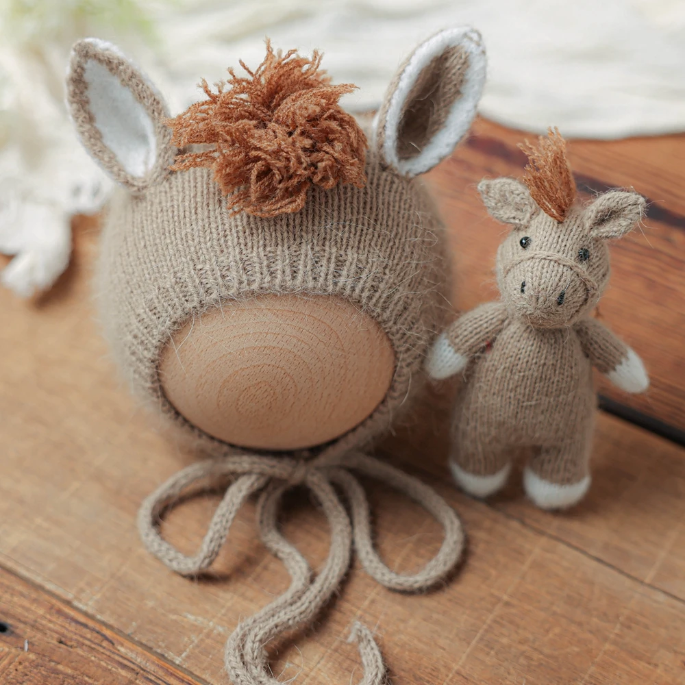 Knitted Horse Hat with Doll Newborn Photography Props Animal Baby Beanie Hat Cute Newborn Photo Bonnet Photoshoot Accessories - view 6