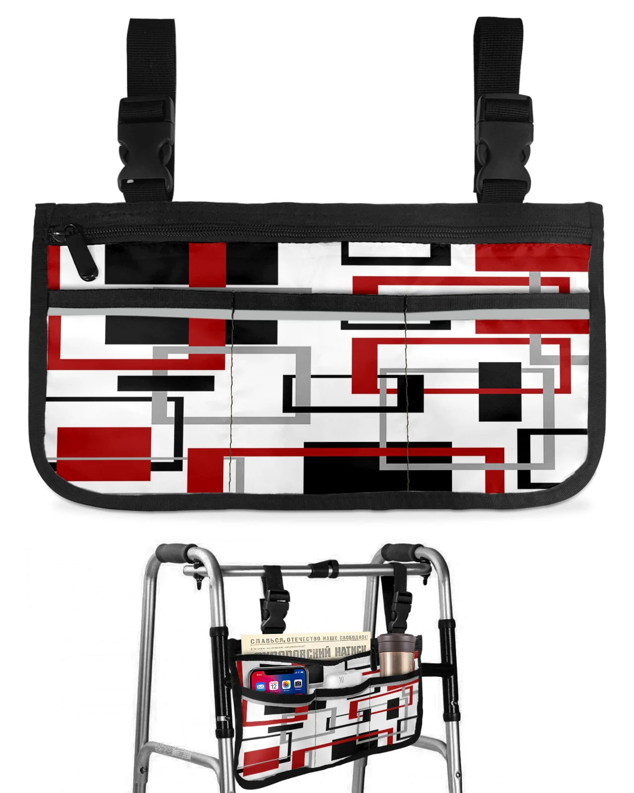 Abstract Geometry Squares Modern Art Black Red Wheelchair Bag Armrest  Side Bags Electric Scooter Walking Frame Storage Pouch