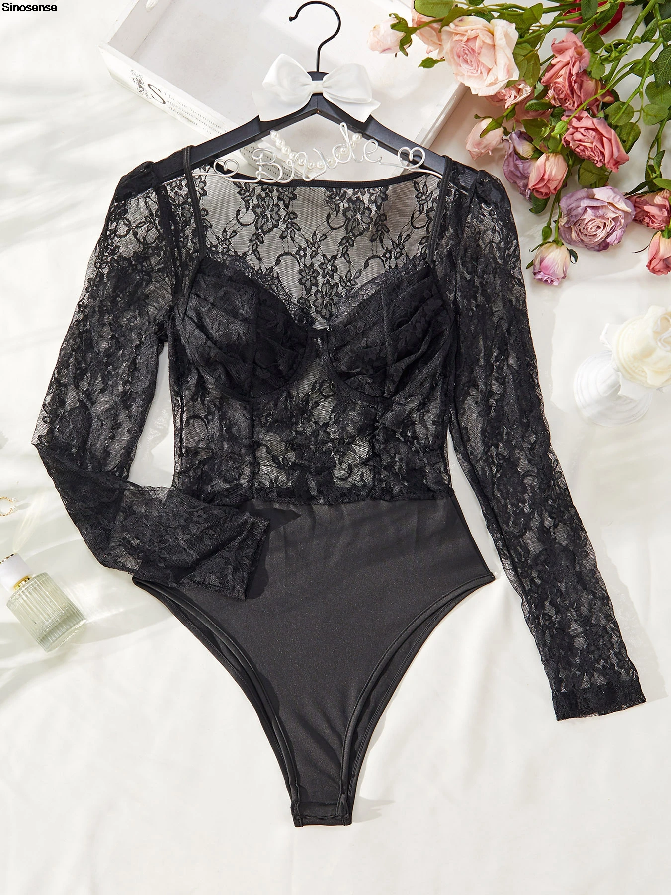 Elegant Floral Lace V-Neck Bodysuit For Women Sexy Sheer Mesh See Through Long Sleeve Y2K Night Out Club Party Leotards Tops