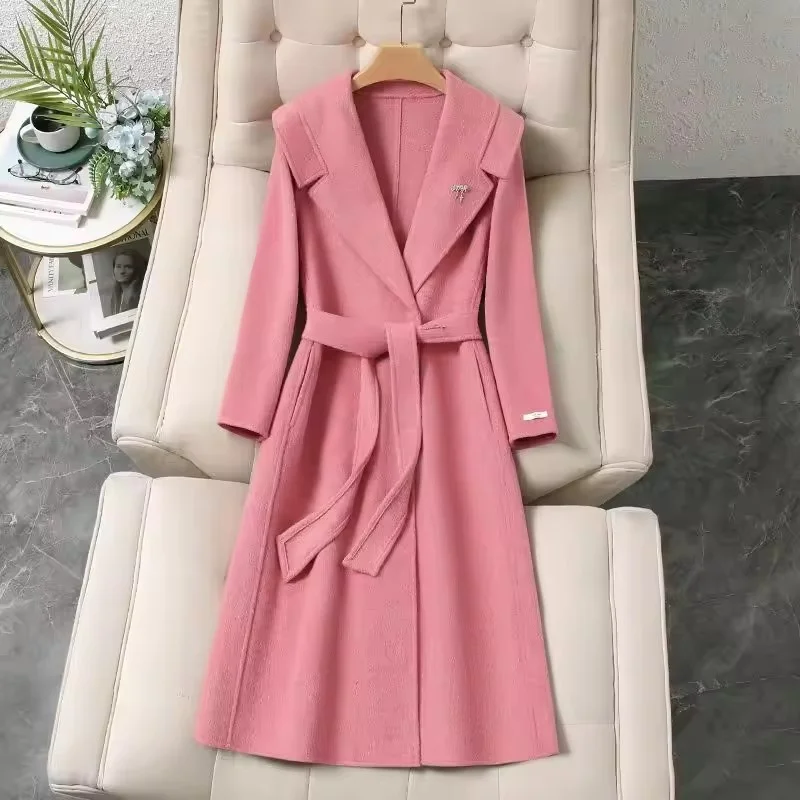 

High-End Double-Sided Wool Woolen Coat Women Autumn Winter New Long Temperament Lapel Warm Woolen Coat Overcoat Outwear Ladies