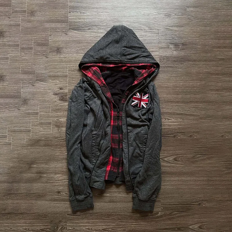 Image of 2026 Herbst Winter Damen Vintage Punk UK-Flagge Stickerei Kariert Gefüttert Zweiteiliger Reißverschluss-Hoodie Y2K Sweatshirt