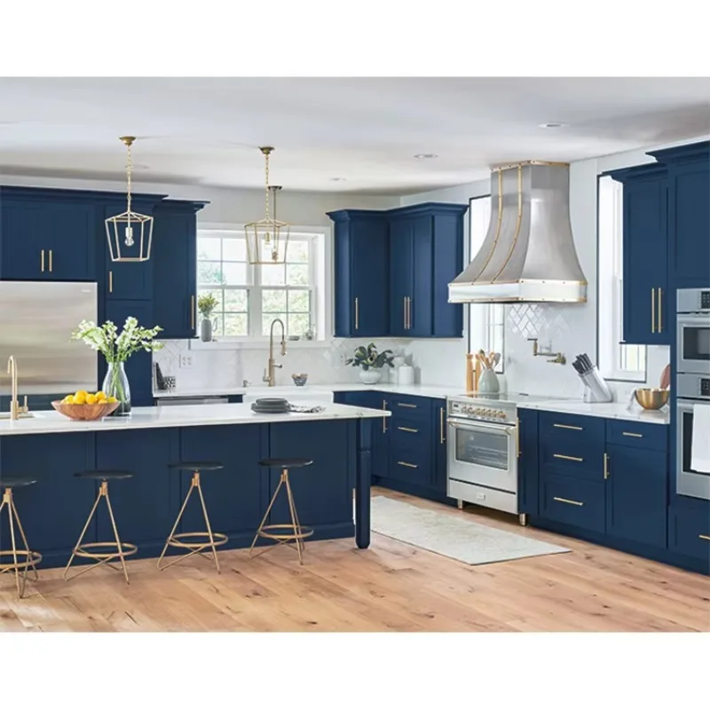 Customised Classic Mdf Wood Modular Kitchen Cabinet Set Design Modern Navy Blue Shaker Rta Wooden Kitchen Cabinets