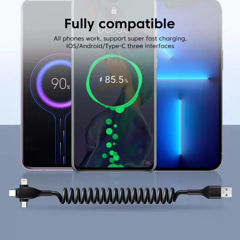 كابل بيانات شحن سريع للهاتف المحمول 3 في 1 بقدرة 120 وات لهاتف آيفون وهواوي وشاومي كابل بيانات زنبركي فائق السرعة قابل للسحب #2