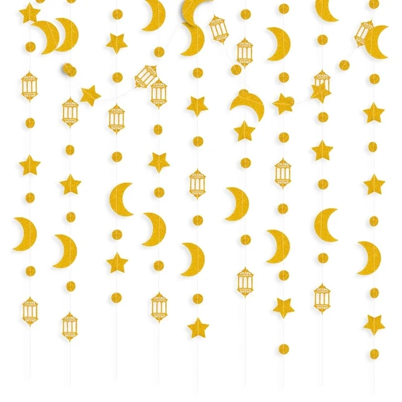 Guirnalda de papel de Luna y estrella dorada, adornos colgantes Eid Mubarak, fiesta musulmana islámica, decoración del hogar, suministros de Ramadán Kareem 2024