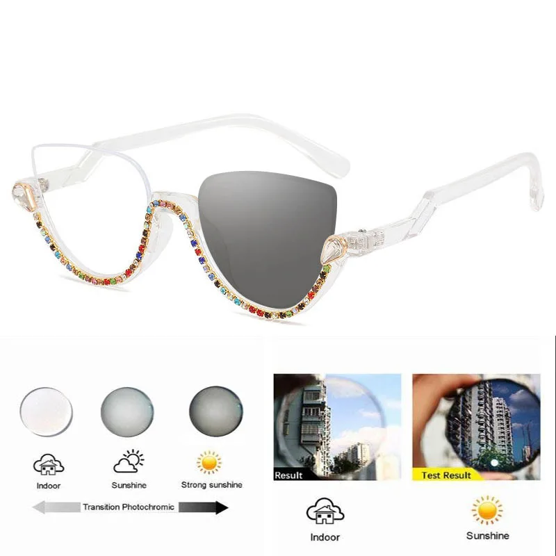 Strass Cat Eye Photochrome Myopie Gläser Frauen Fertig Brillen Weibliche Outdoor Verfärben Fahren Brillen – Detail 3