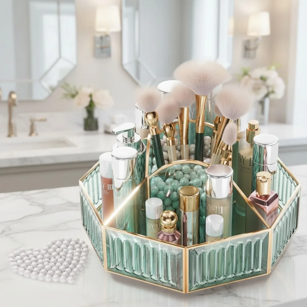 

360° Rotating Makeup Organizer with Brush Holder for Vanity, Bathroom, and Countertop Storage