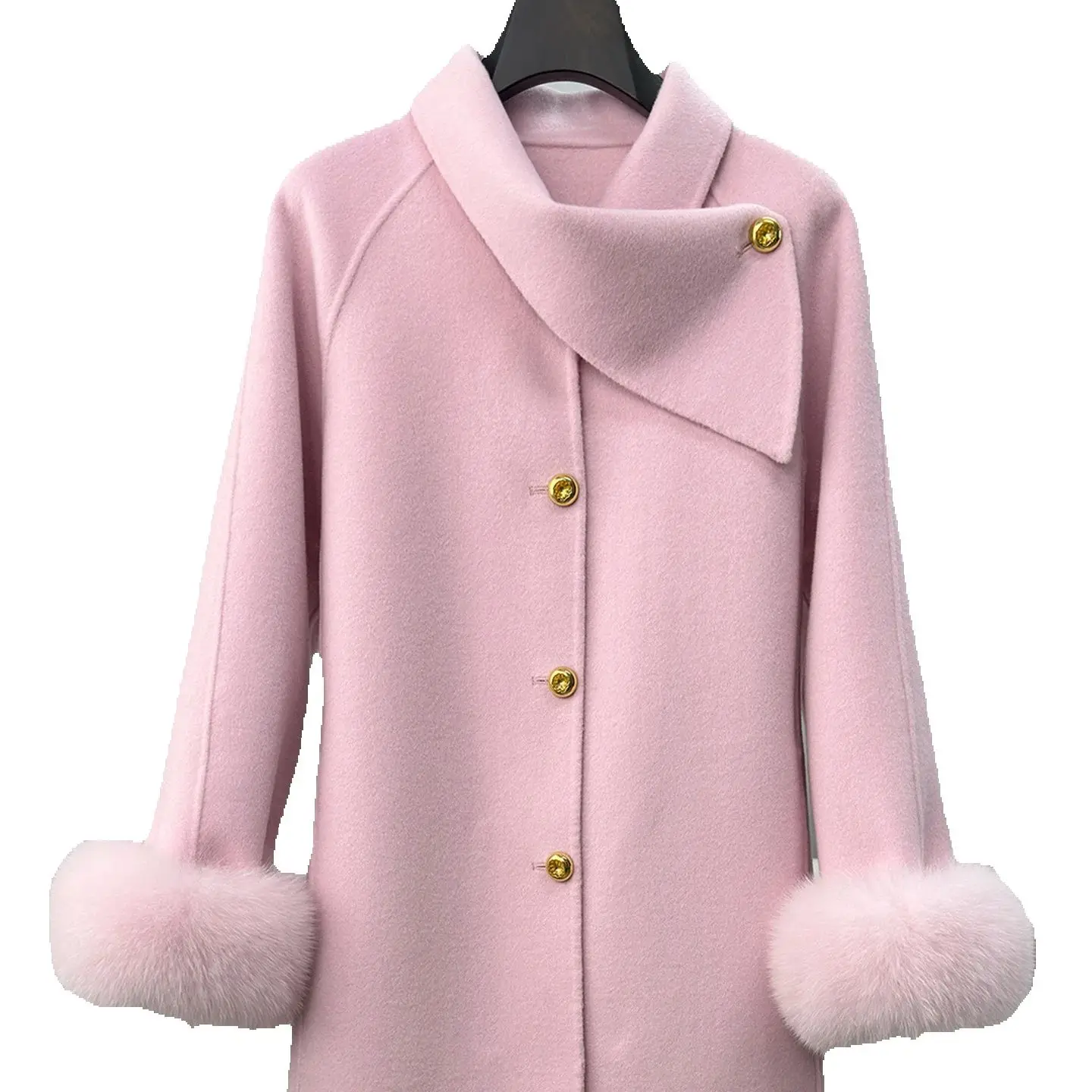 A thousand gold style high-end cashmere coat for women, with fox fur cuffs that make them look slimmer, a mid-length double-side