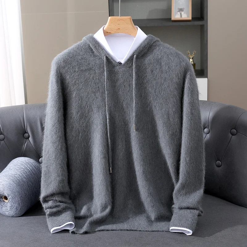 Men's hooded sweater autumn winter 100% mink cashmere sweater casual knitted pullover long-sleeved solid color loose knitted top