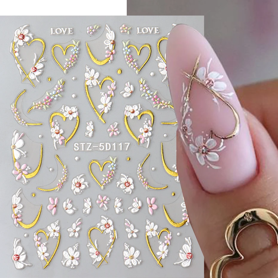 5D Embossed White Floral Gold Line Sliders Spring Pink Flowers Nail Stickers DIY Simple Petals Wedding Nails Decals Accesories