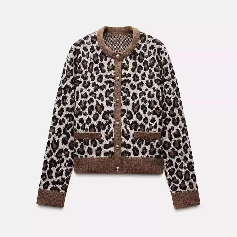 

Autumn Winter New Arrival Women's Knitted Jaet Long Sve round Ne Leopard Print Commute Sle Single Piece 2025 Summer